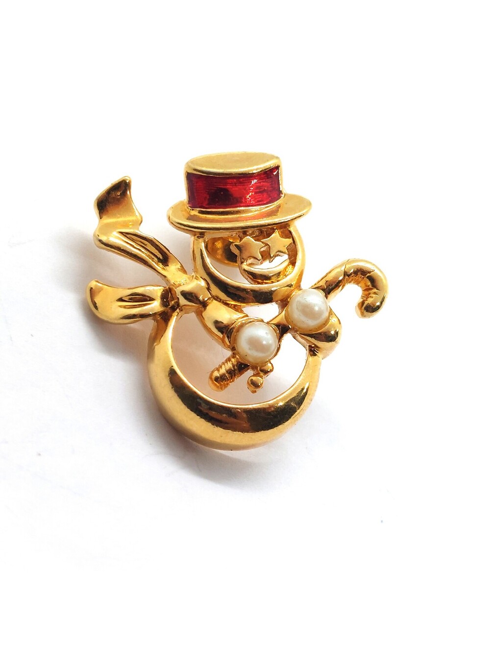 Vintage Snowman Brooch Pin Faux Pearl Christmas Holiday Winter Candy Cane